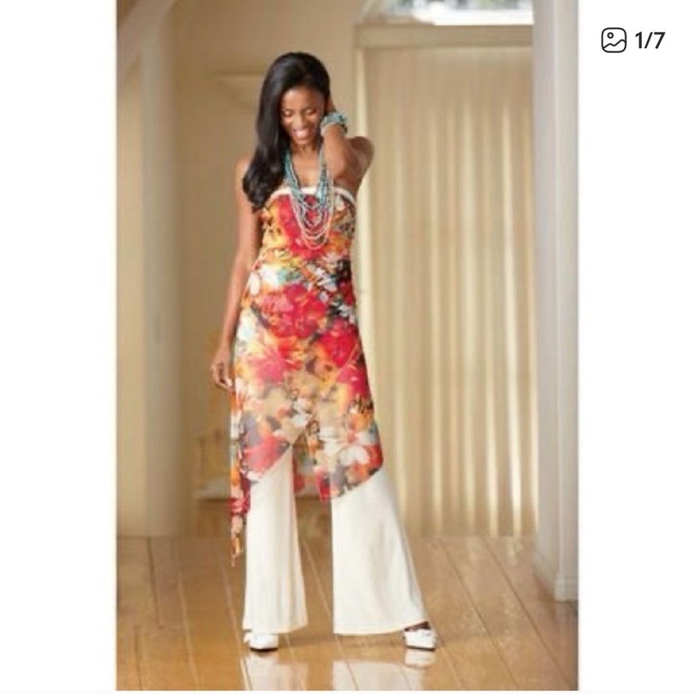 Cache Straplesss Jumpsuit with Floral Print Mesh